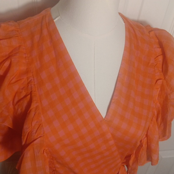 J. Crew Bright Pink Checkered Ruffle Blouse - Picture 7 of 16